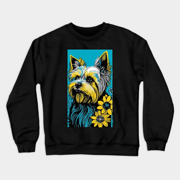 Yorkshire Terrier Dog Vibrant Tropical Flower Tall Retro Vintage Digital Pop Art Portrait Crewneck Sweatshirt by ArtHouseFlunky